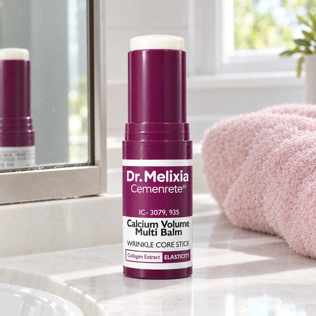 Dr. Melixia balm stick on a bathroom counter
