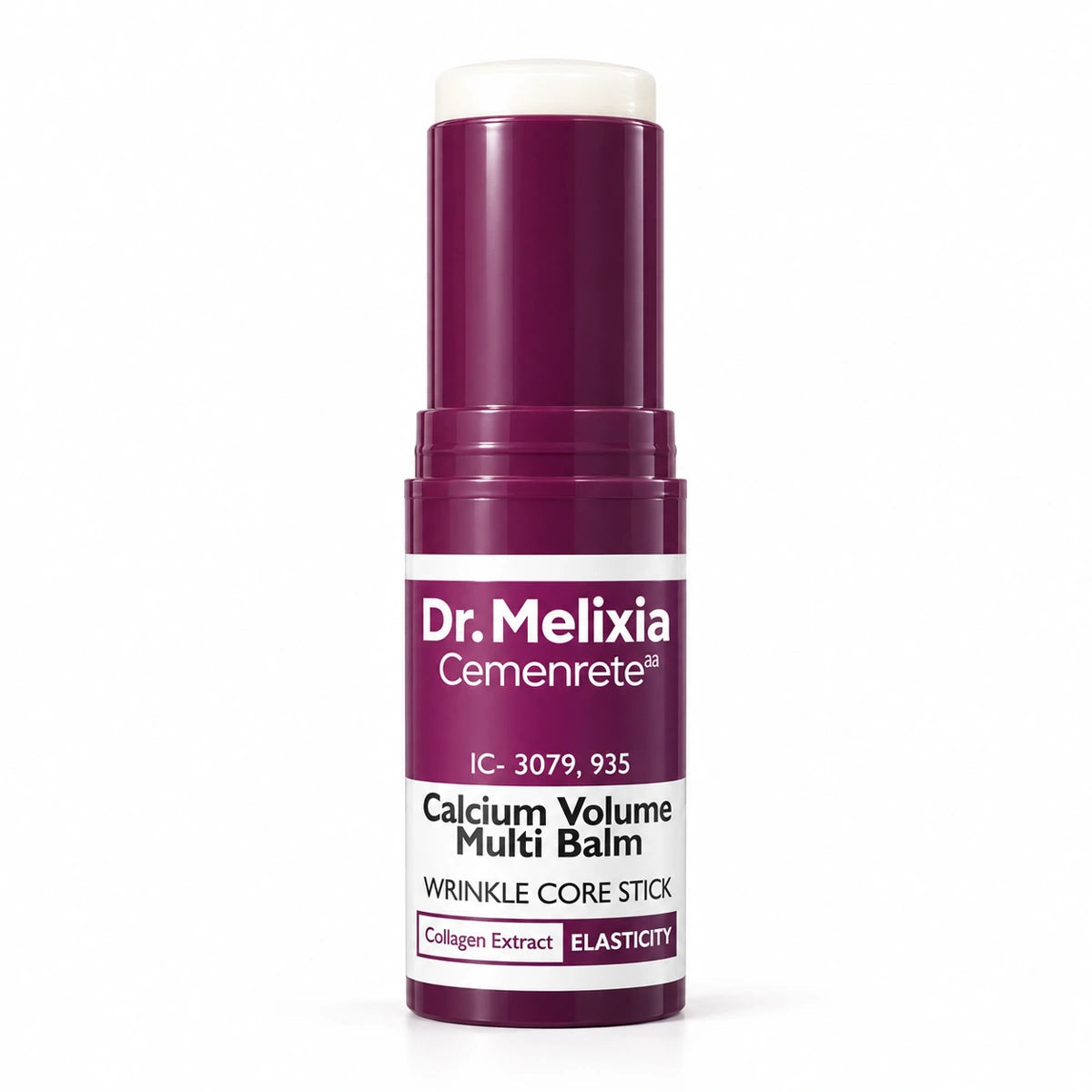 Dr. Melixia berry-purple balm stick, shown uncapped