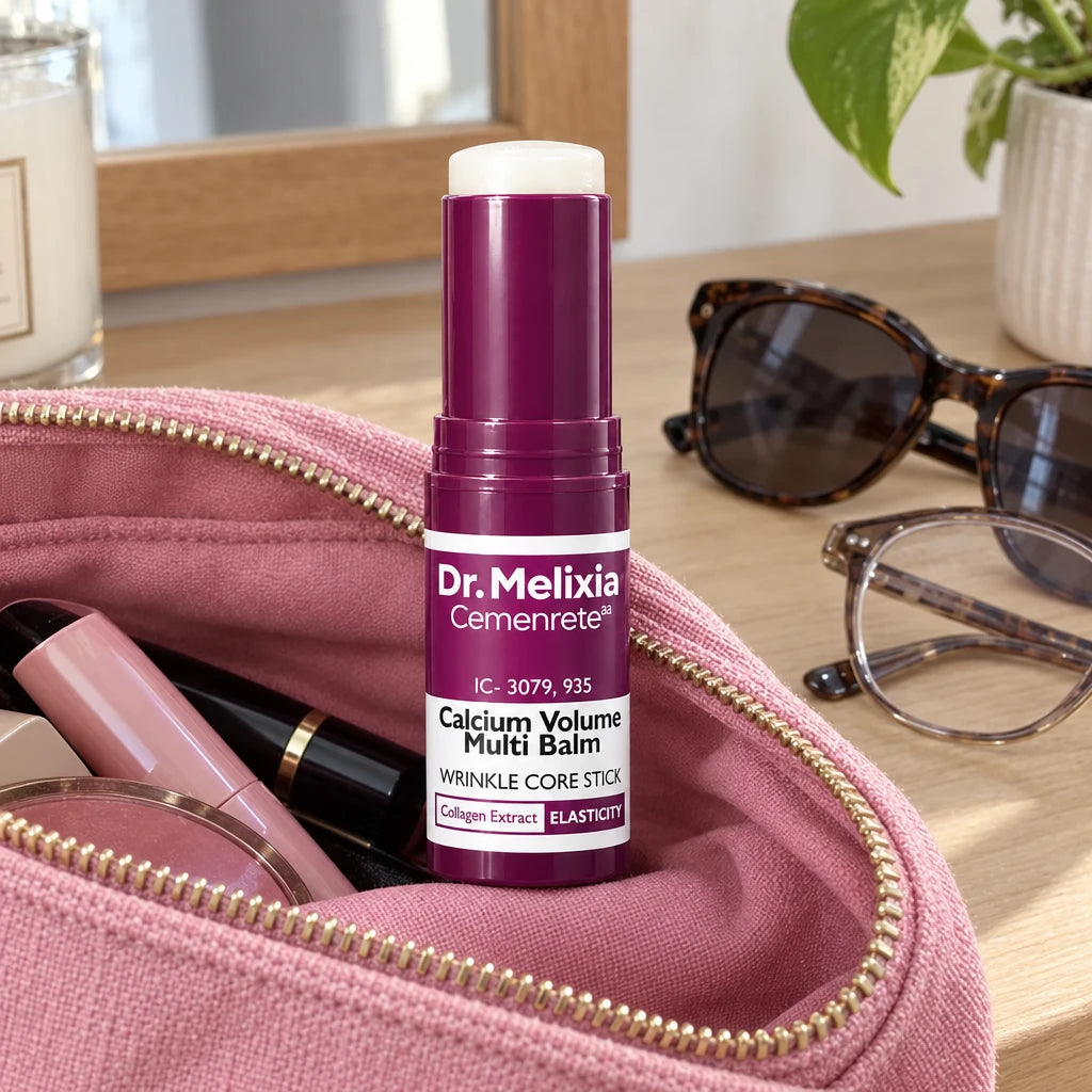 Dr. Melixia stick with a pink makeup pouch